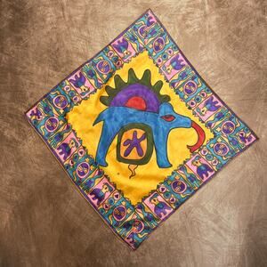 Vintage 90s Multicolor Lizard Turtle Dinosaur Tribal Bandana Scarf Hieroglyph